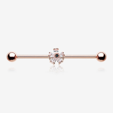 Rose Gold Dainty Flower Sparkle Dazzle Industrial Barbell-Clear Gem