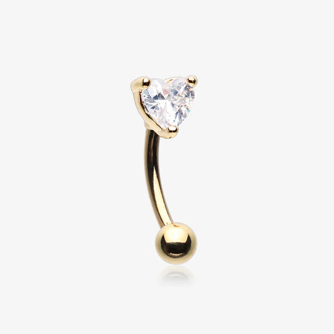 Golden Heart Gem Sparkle Prong Curved Barbell-Clear Gem