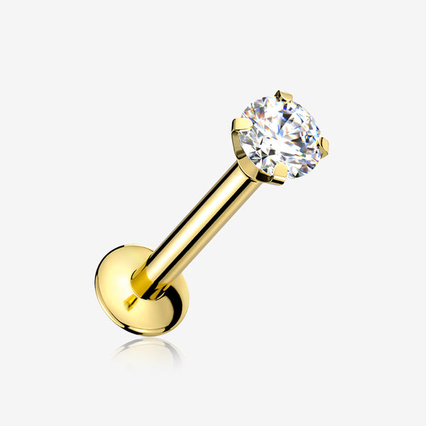 Golden Prong Set Gem Top Threadless Push-In Steel Labret-Clear Gem