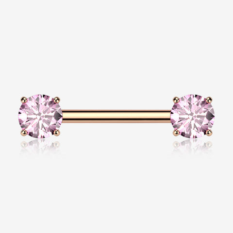 A Pair of Implant Grade Titanium Rose Gold PVD OneFit Threadless Prong Gem Sparkle Nipple Barbell-Pink