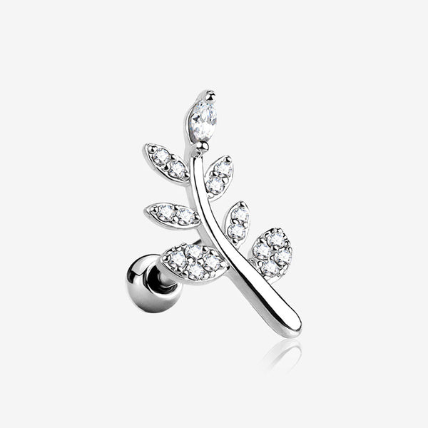 Sparkle Autumn Leaf Cartilage Tragus Barbell Earring-Clear Gem