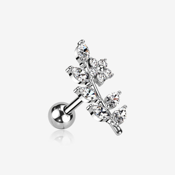 Brilliant Sparkle Flower Vine Leaflets Sparkle Cartilage Tragus Barbell Stud-Clear Gem