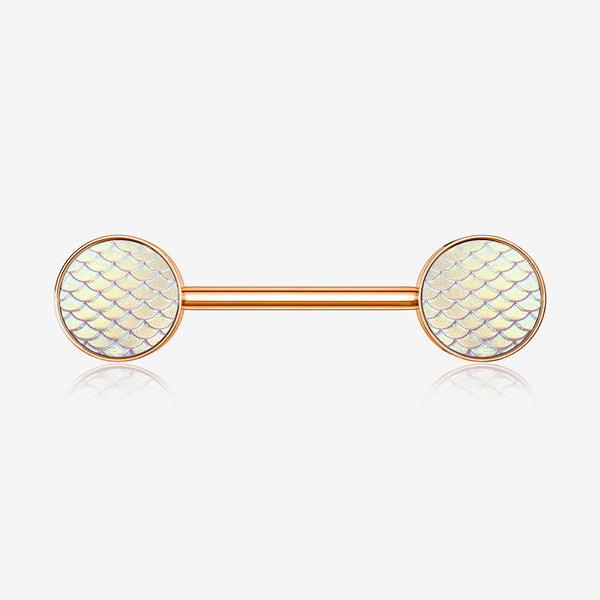 A Pair of Rose Gold Iridescent Mermaid Scale Nipple Barbell-Iridescent Pink