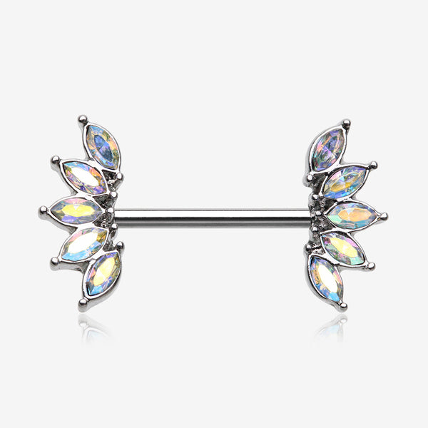 A Pair of Brilliant Marquise Sparkle Floral Nipple Barbell-Aurora Borealis