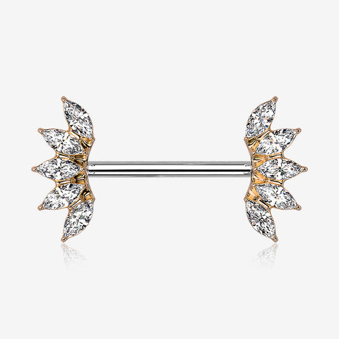 A Pair of Rose Gold Brilliant Marquise Sparkle Floral Nipple Barbell-Clear Gem