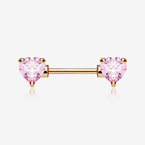 A Pair of Rose Gold Double Heart Gem Nipple Barbell Ring-Pink