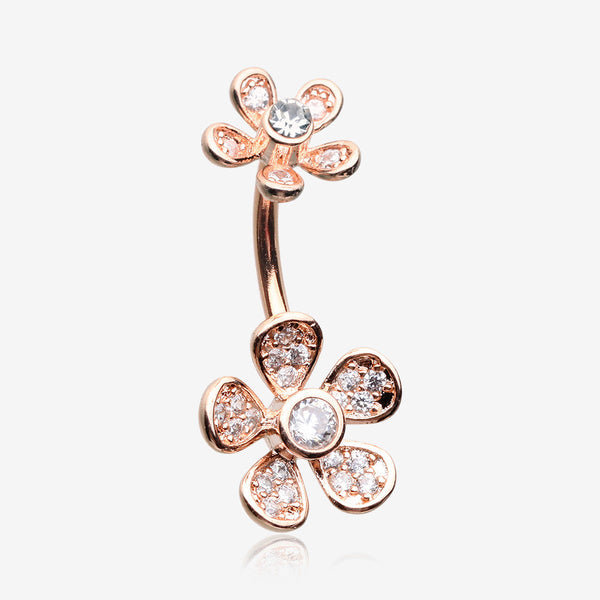 Rose Gold Wild Flower Sparkle Internally Threaded Belly Button Ring-Clear Gem