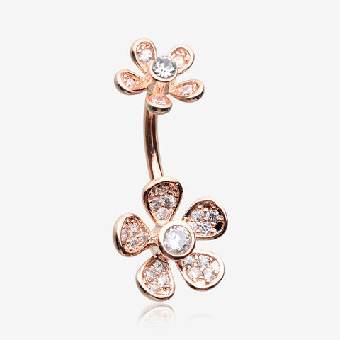 Rose Gold Wild Flower Sparkle Internally Threaded Belly Button Ring-Clear Gem