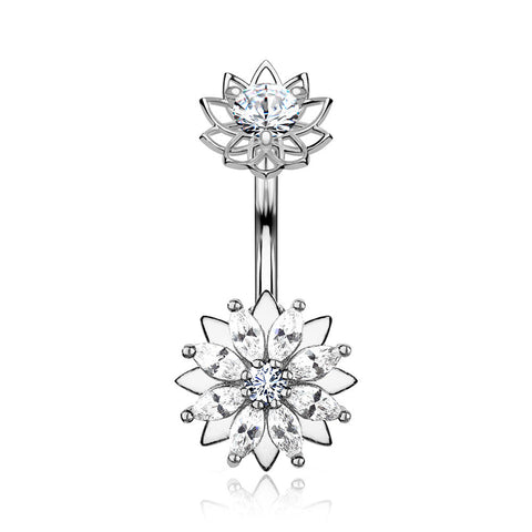Marquise Sparkle Flower Internally Threaded Belly Button Ring-Clear Gem