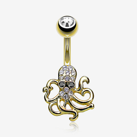Golden Evil Octopus Sparkle Belly Button Ring-Clear Gem