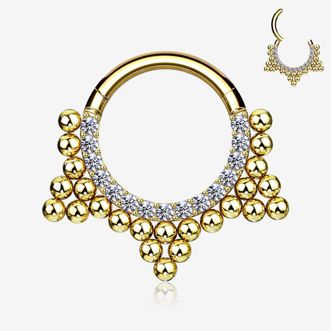 Golden Royal Bali Beads Trine Sparkle Seamless Clicker Hoop Ring-Clear Gem