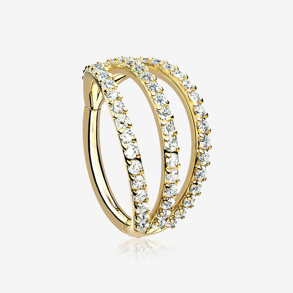 Golden Brilliant Sparkle Gem Lined Triple Hoop Steel Seamless Clicker Hoop Ring-Clear Gem