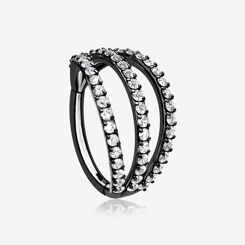 Blackline Brilliant Sparkle Gem Lined Triple Hoop Steel Seamless Clicker Hoop Ring-Clear Gem