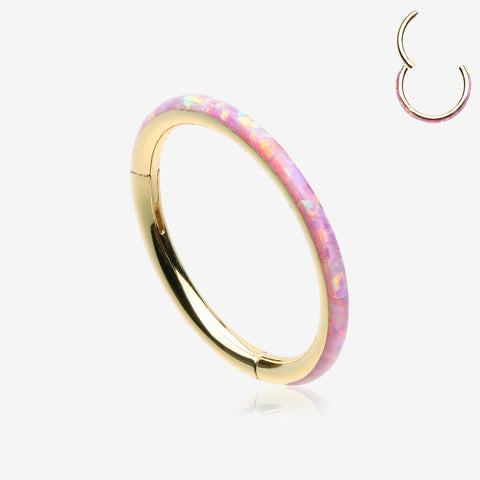 Golden Brilliant Fire Opal Lined Seamless Clicker Hoop Ring-Pink Opal