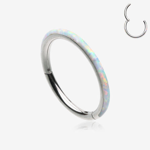 Brilliant Fire Opal Lined Seamless Clicker Hoop Ring-White Opal