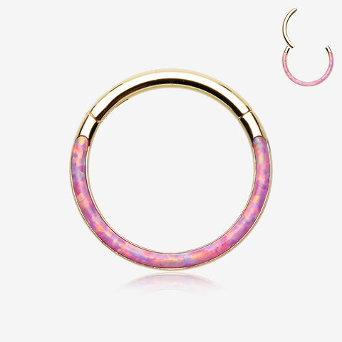 Golden Brilliant Fire Opal Lined Front Facing Seamless Clicker Hoop Ring-Pink Opal