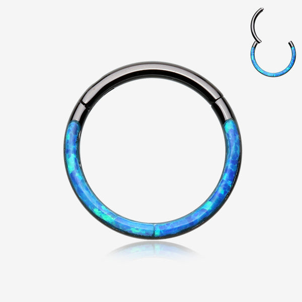 Blackline Brilliant Fire Opal Lined Front Facing Seamless Clicker Hoop Ring-Blue Opal