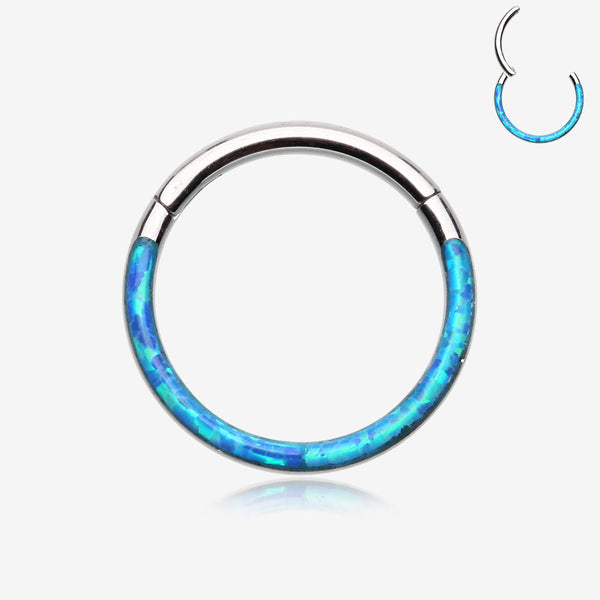 Brilliant Fire Opal Lined Front Facing Seamless Clicker Hoop Ring-Blue Opal