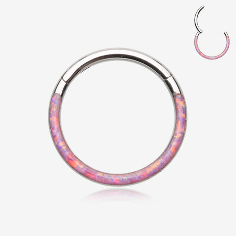 Brilliant Fire Opal Lined Front Facing Seamless Clicker Hoop Ring-Pink Opal