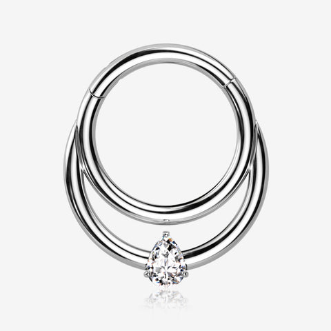 Implant Grade Titanium Double Loop Teardrop Sparkle Clicker Hoop Ring-Clear Gem