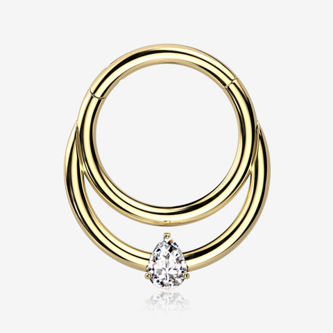 Implant Grade Titanium Golden Double Loop Teardrop Sparkle Clicker Hoop Ring-Clear Gem
