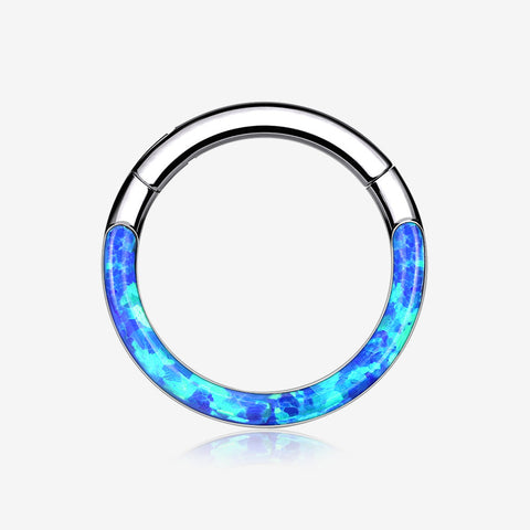 Implant Grade Titanium Brilliant Fire Opal Lined Front Facing Seamless Clicker Hoop Ring-Blue Opal