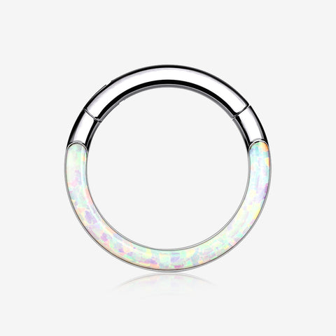 Implant Grade Titanium Brilliant Fire Opal Lined Front Facing Seamless Clicker Hoop Ring-White Opal