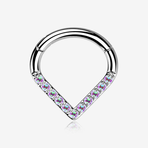 Implant Grade Titanium Chevron Sparkle Lined Seamless Clicker Hoop Ring-Aurora Borealis
