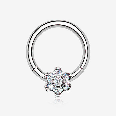 Implant Grade Titanium Brilliant Flower Sparkle Clicker Hoop Ring-Clear Gem