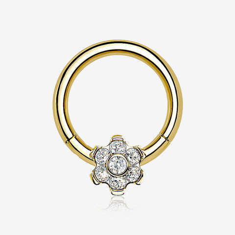 Implant Grade Titanium Golden Brilliant Flower Sparkle Clicker Hoop Ring-Clear Gem