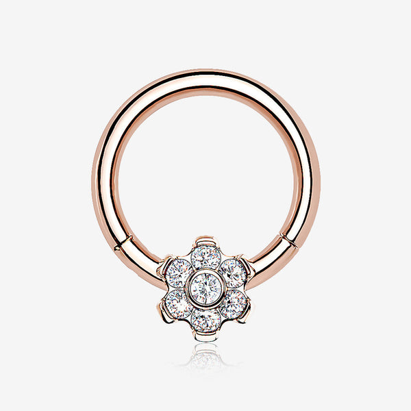 Implant Grade Titanium Rose Gold Brilliant Flower Sparkle Clicker Hoop Ring-Clear Gem