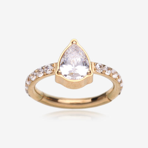 Implant Grade Titanium Golden Teardrop Sparkle Multi-Gem Rimmed Seamless Clicker Hoop Ring-Clear Gem