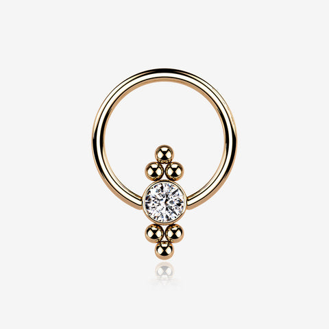 Rose Gold Royal Bali Essence Beaded Steel Captive Bead Ring-Clear Gem
