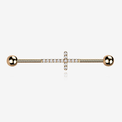 Implant Grade Titanium Rose Gold Sparkle Lined Multi-Gem Cross Industrial Barbell-Clear Gem