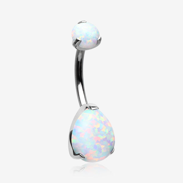 Implant Grade Titanium Internally Threaded Teardrop Opal Prong Belly Button Ring-White Opal