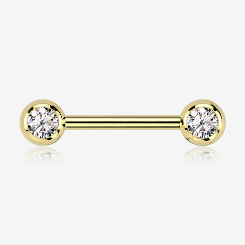 A Pair of Implant Grade Titanium Golden Gem Ball Internally Threaded Nipple Barbell-Clear Gem