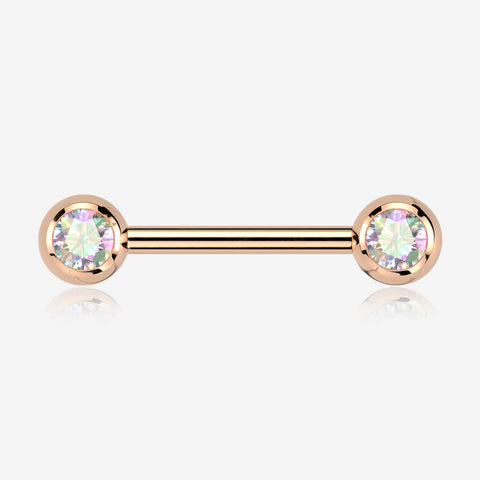 A Pair of Implant Grade Titanium Rose Gold Gem Ball Internally Threaded Nipple Barbell-Aurora Borealis