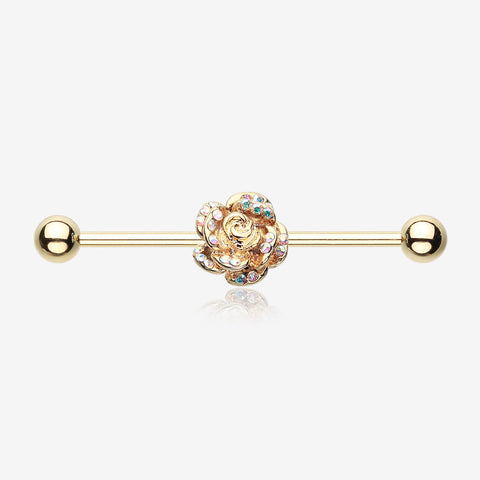 Golden Gleam Rose Blossom Industrial Barbell-Aurora Borealis
