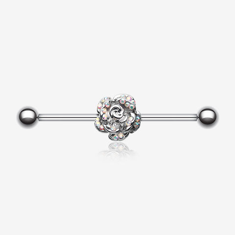 Gleam Rose Blossom Industrial Barbell-Aurora Borealis