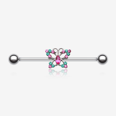 Glam Butterfly Sparkle Industrial Barbell-Teal/Fuchsia