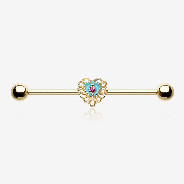 Golden Victorian Filigree Heart Sparkle Industrial Barbell-Turquoise/Fuchsia