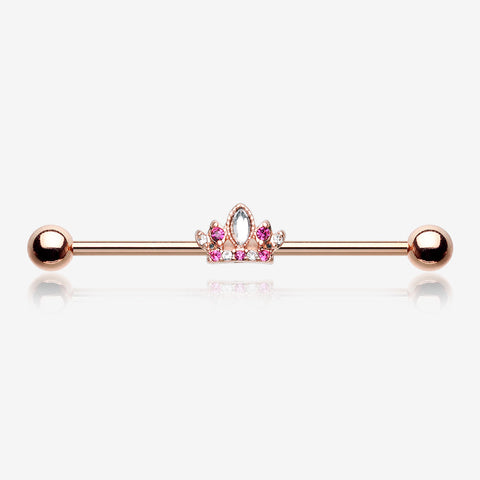 Rose Gold Tiara Crown Sparkle Industrial Barbell-Clear Gem/Fuchsia