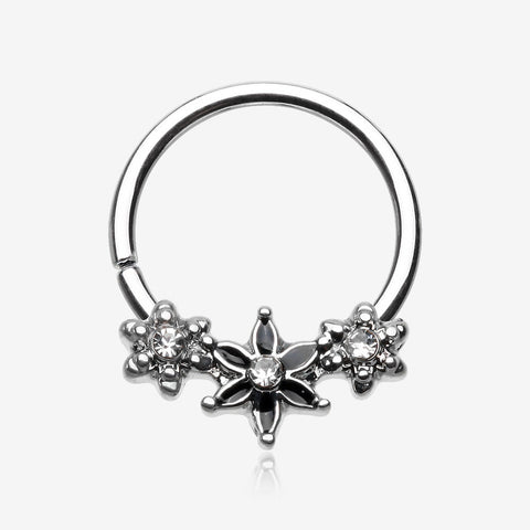 Elegant Onyx Lily Flower Sparkle Bendable Twist Hoop Ring-Clear Gem