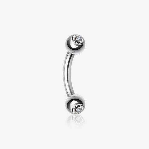 Double Gem Ball Curved Barbell Eyebrow Ring-Clear Gem