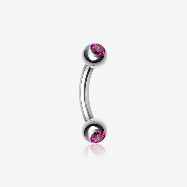 Double Gem Ball Curved Barbell Eyebrow Ring-Fuchsia