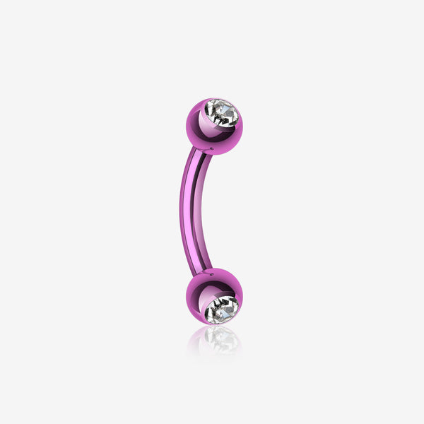 Colorline PVD Double Gem Ball Curved Barbell Eyebrow Ring-Purple/Clear