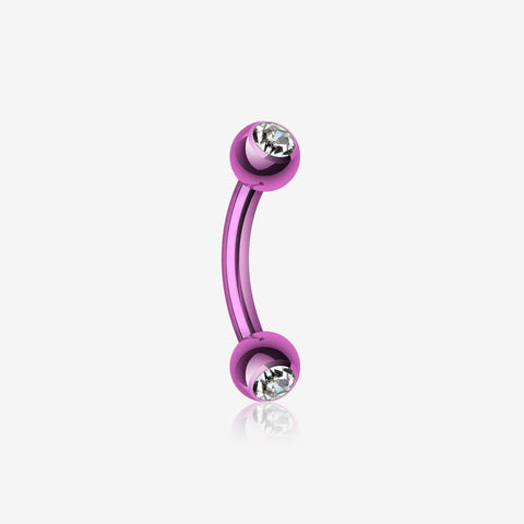 Colorline PVD Double Gem Ball Curved Barbell Eyebrow Ring-Purple/Clear