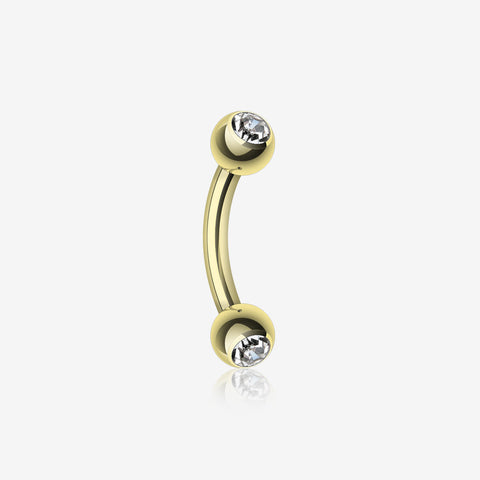 Gold Plated Double Gem Ball Curved Barbell Eyebrow Ring-Clear Gem