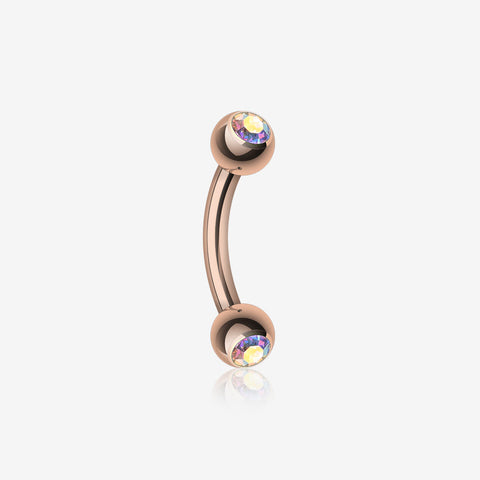 Rose Gold Gem Ball Curved Barbell Eyebrow Ring-Aurora Borealis