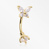 Golden Brilliant Sparkle Butterfly Prong Gem Top Curved Barbell-Clear Gem